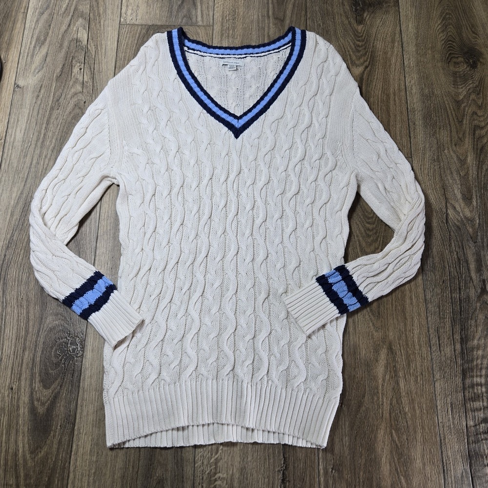 American Eagle Sweater Ivory Cable Knit w/ Blue Trim Size Small Academia Y2K‎